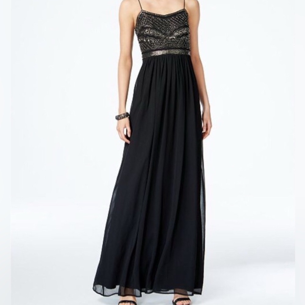 Adrianna Papell silver beaded bodice chiffon black Gown size 8 NWT